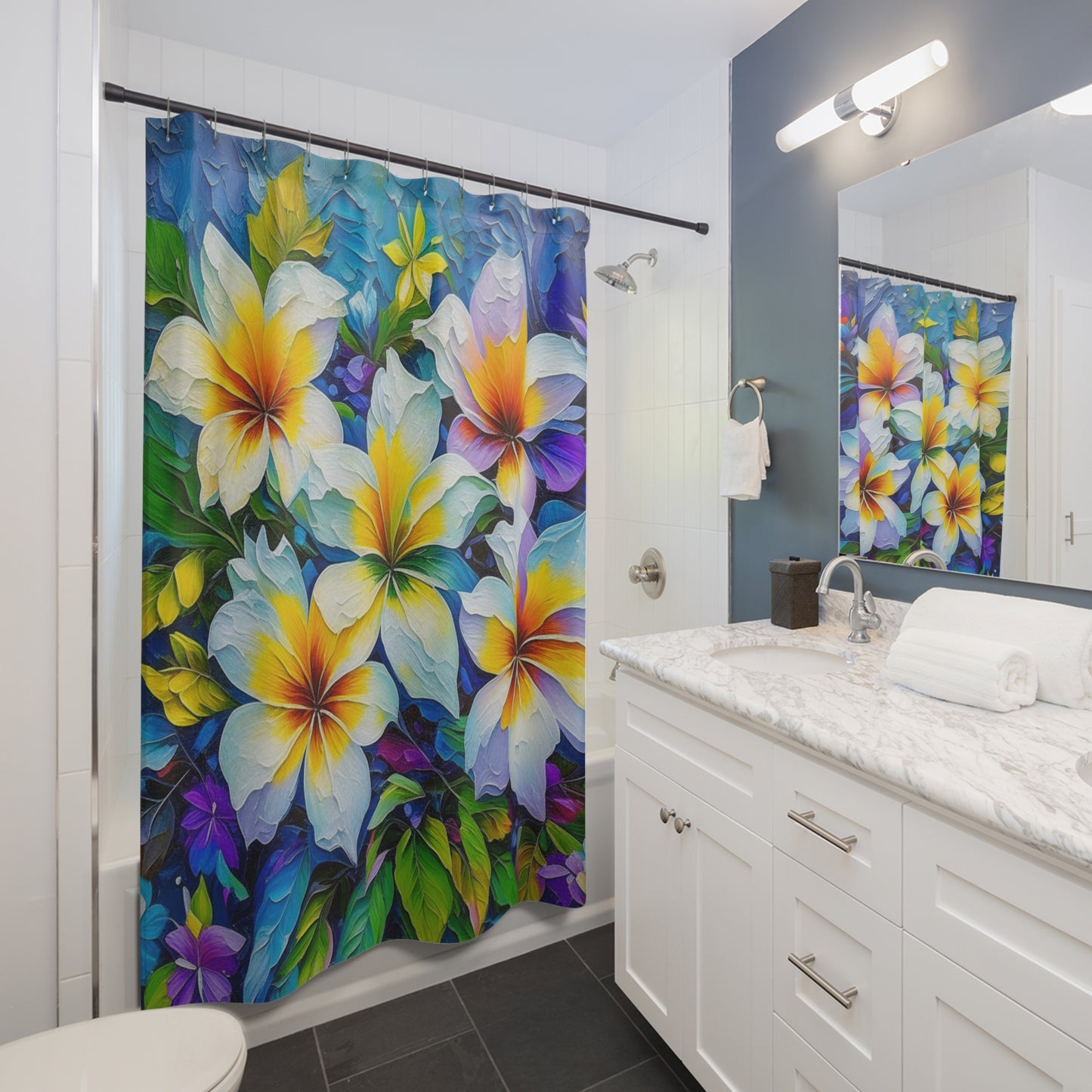 Plumeria Bouquet Watercolor, Custom Tropical Design, Shower Curtains