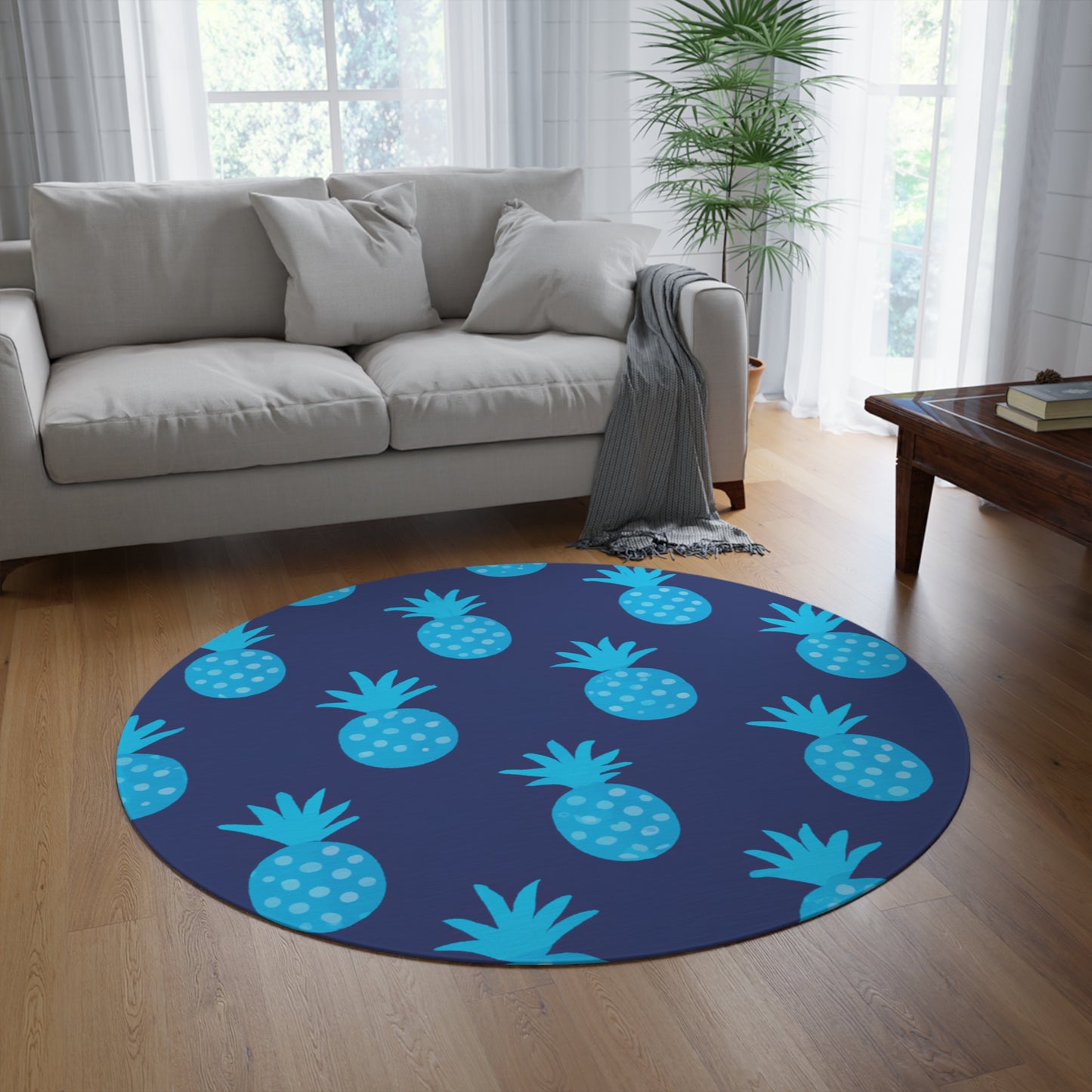 Blue Pineapple Custom Hawaiian Keiki Print Round Rug, Hawaiian Area Rug, Island Carpet, Tropical Floor Rug, Tropical Home Decor