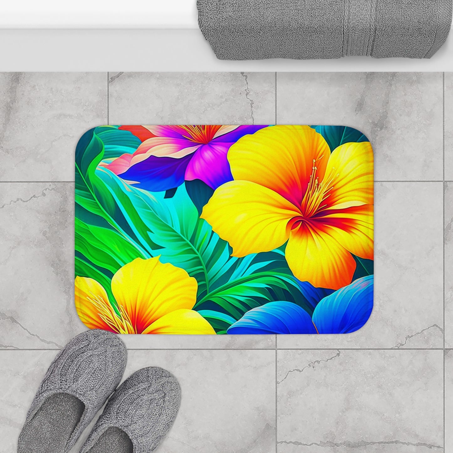 Tropical Rainbow Custom Hawaiian Print Memory Foam Bath Mat, Matching Bathroom Sets