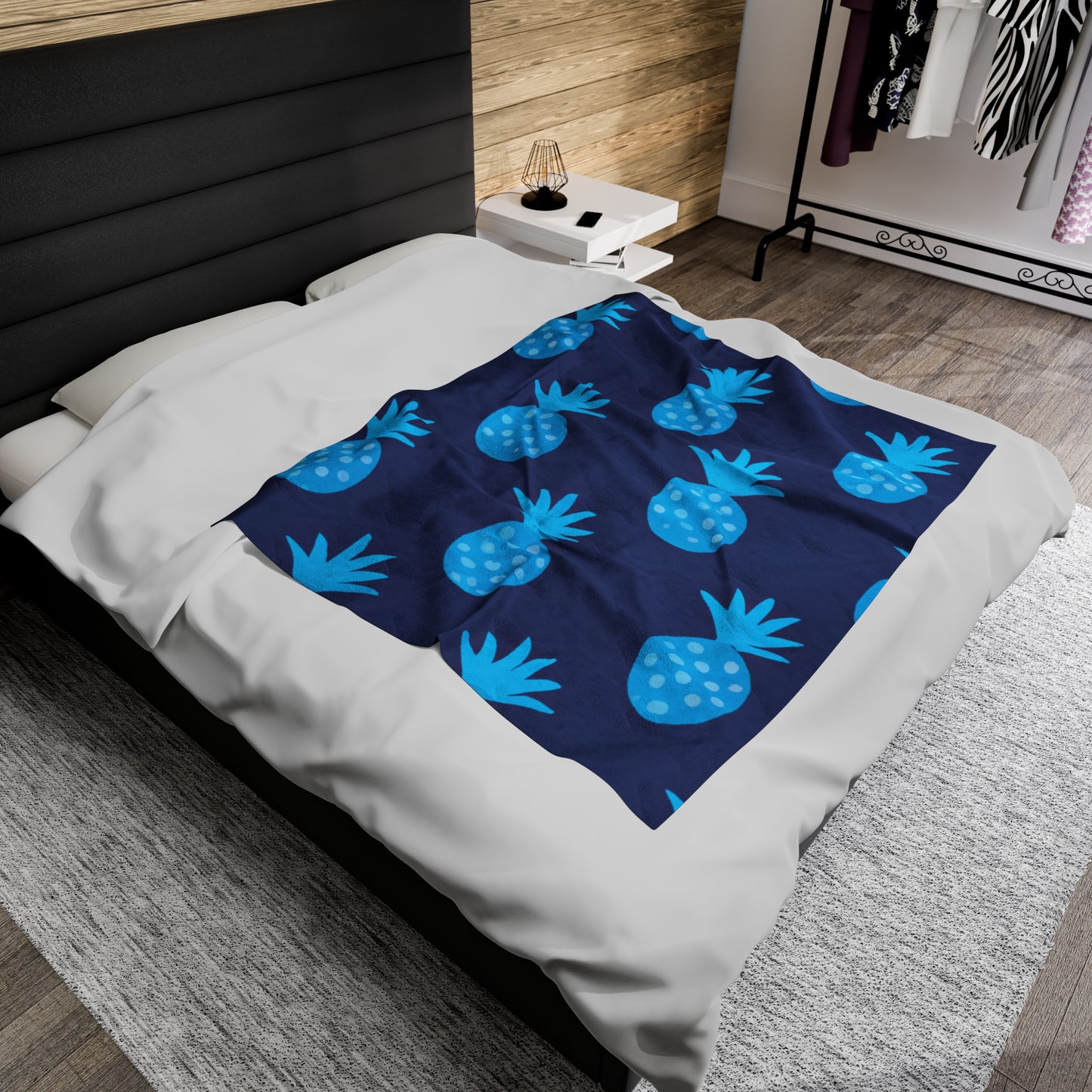 Blue Pineapple Custom Hawaiian Keiki Print Velveteen Plush Blanket, Bedspread, Hawaiian Home Decor, Living Room Decor, Bedroom Decor