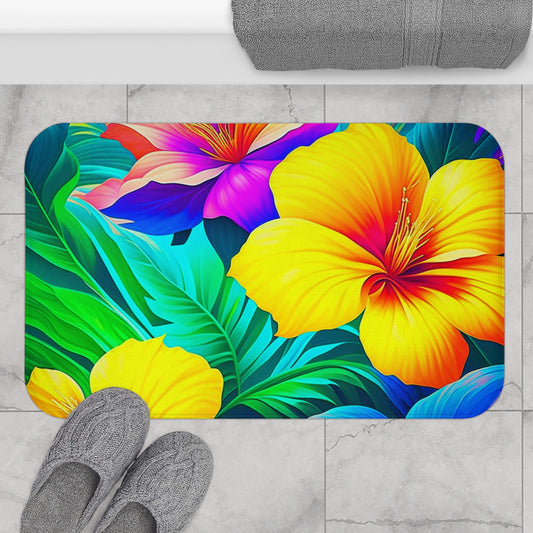 Tropical Rainbow Custom Hawaiian Print Memory Foam Bath Mat, Matching Bathroom Sets