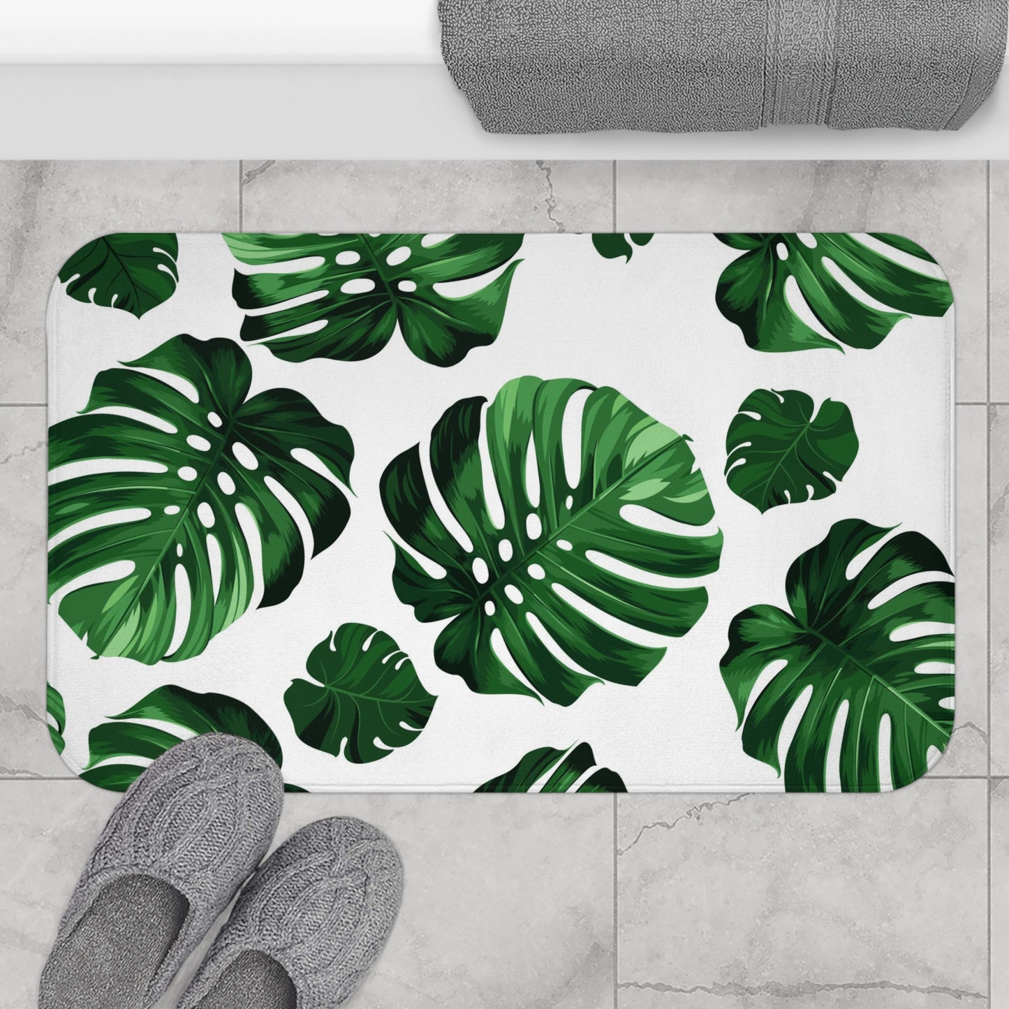 Akaka Monstera Custom Hawaiian Print Memory Foam Bath Mat, Matching Bathroom Sets