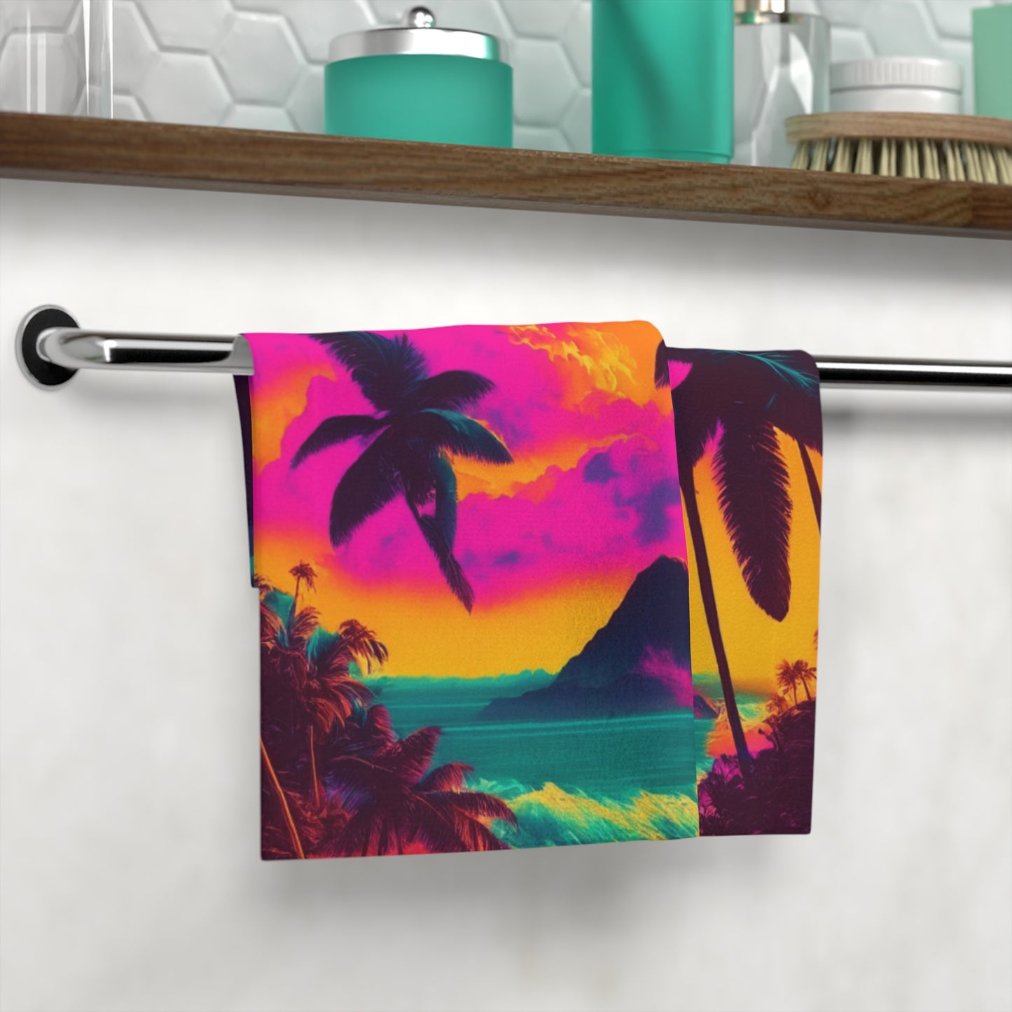 Vintage Tropical Custom Tropical Vintage Design Face Towel, Custom Hawaiian Print Face Towel, Bath Towel, Bathroom Sets, Matching Bathroom Sets