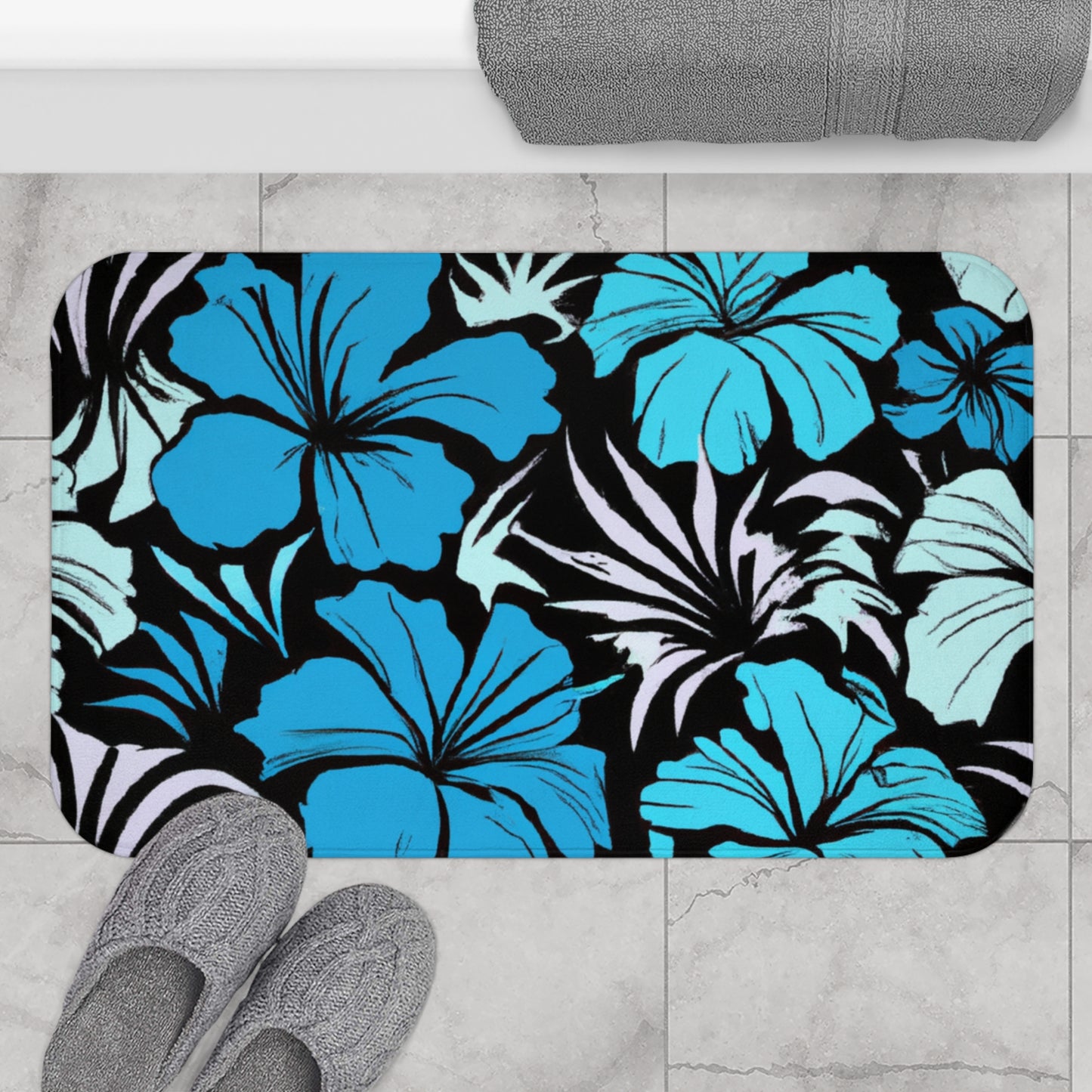 Blue Hibiscus, Custom Hawaiian Design, Bath Mat