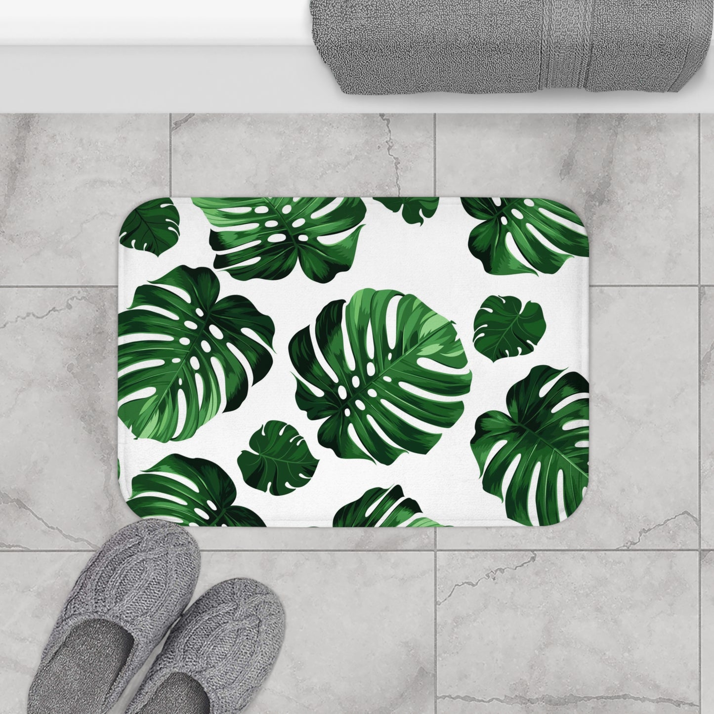 Akaka Monstera Custom Hawaiian Print Memory Foam Bath Mat, Matching Bathroom Sets