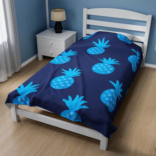 Blue Pineapple Custom Hawaiian Keiki Print Velveteen Plush Blanket, Bedspread, Hawaiian Home Decor, Living Room Decor, Bedroom Decor