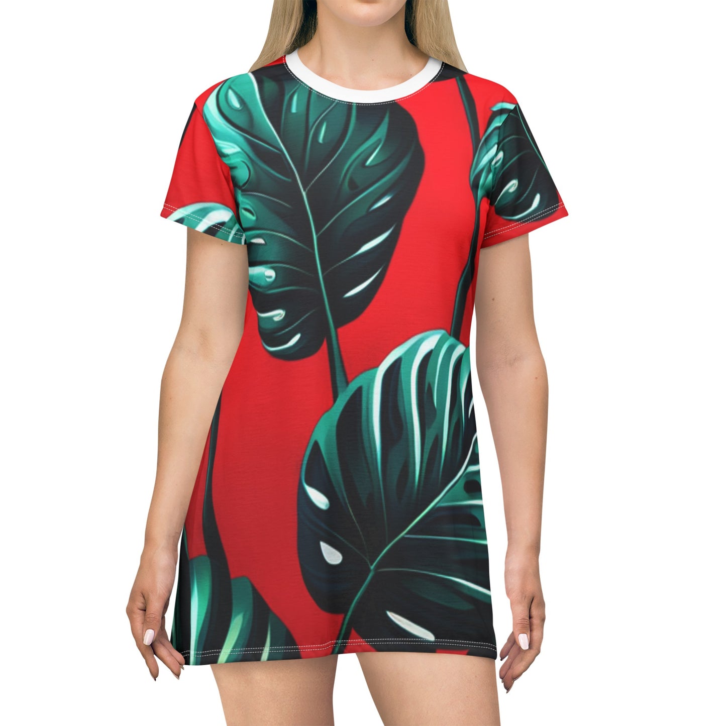 Red Monstera T-Shirt Dress