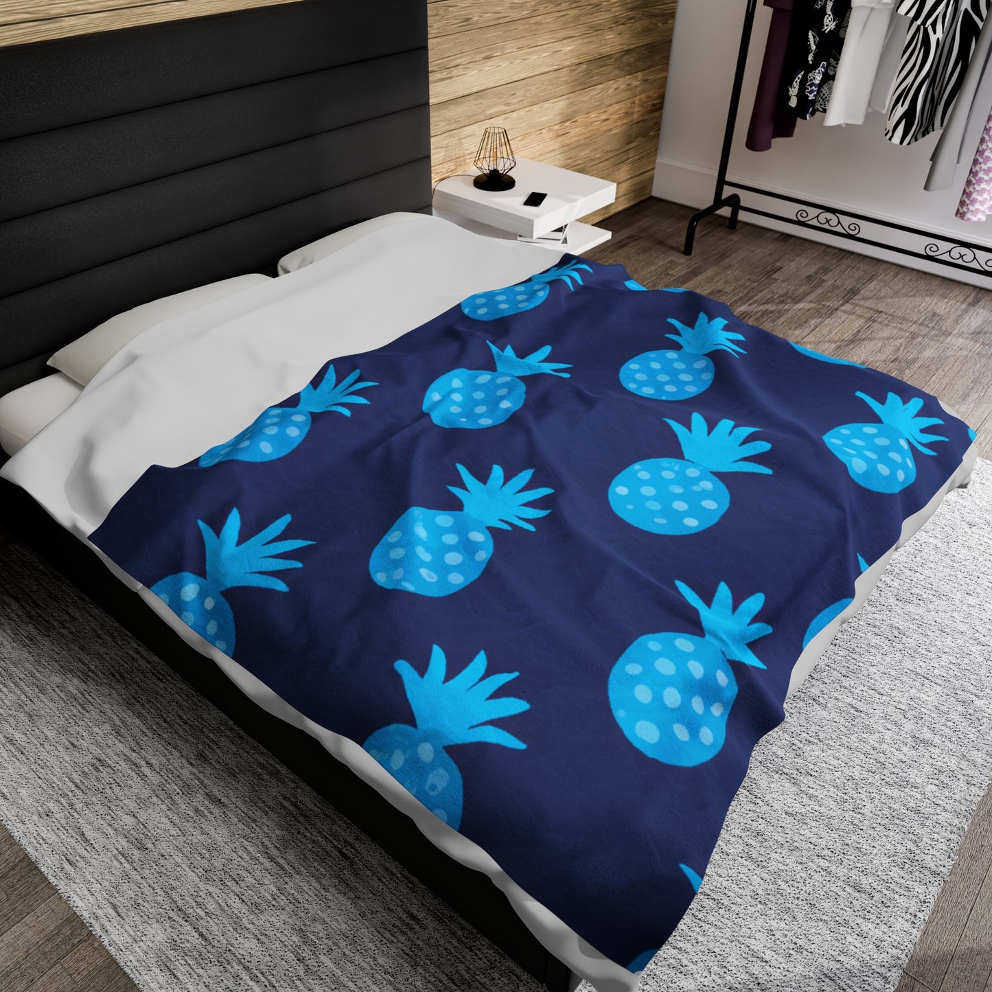 Blue Pineapple Custom Hawaiian Keiki Print Velveteen Plush Blanket, Bedspread, Hawaiian Home Decor, Living Room Decor, Bedroom Decor