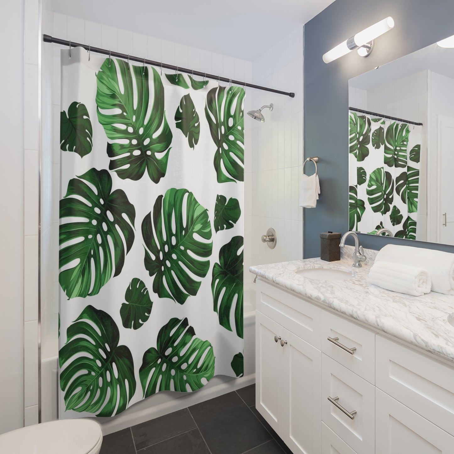 Akaka Monstera Custom Hawaiian Print Shower Curtains, Matching Bathroom Sets, Shower Curtains, Bathroom Sets