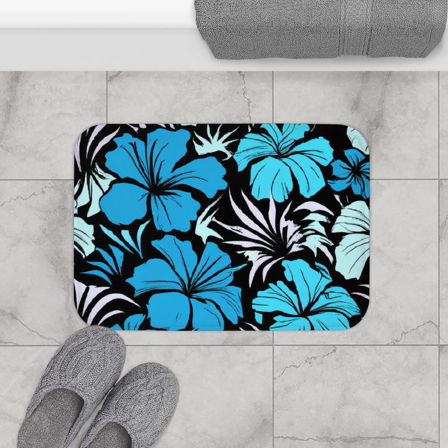 Blue Hibiscus, Custom Hawaiian Design, Bath Mat