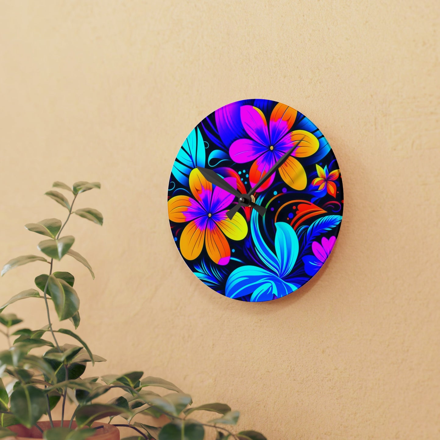 Neon Plumerias Custom Hawaiian Print Acrylic Wall Clock