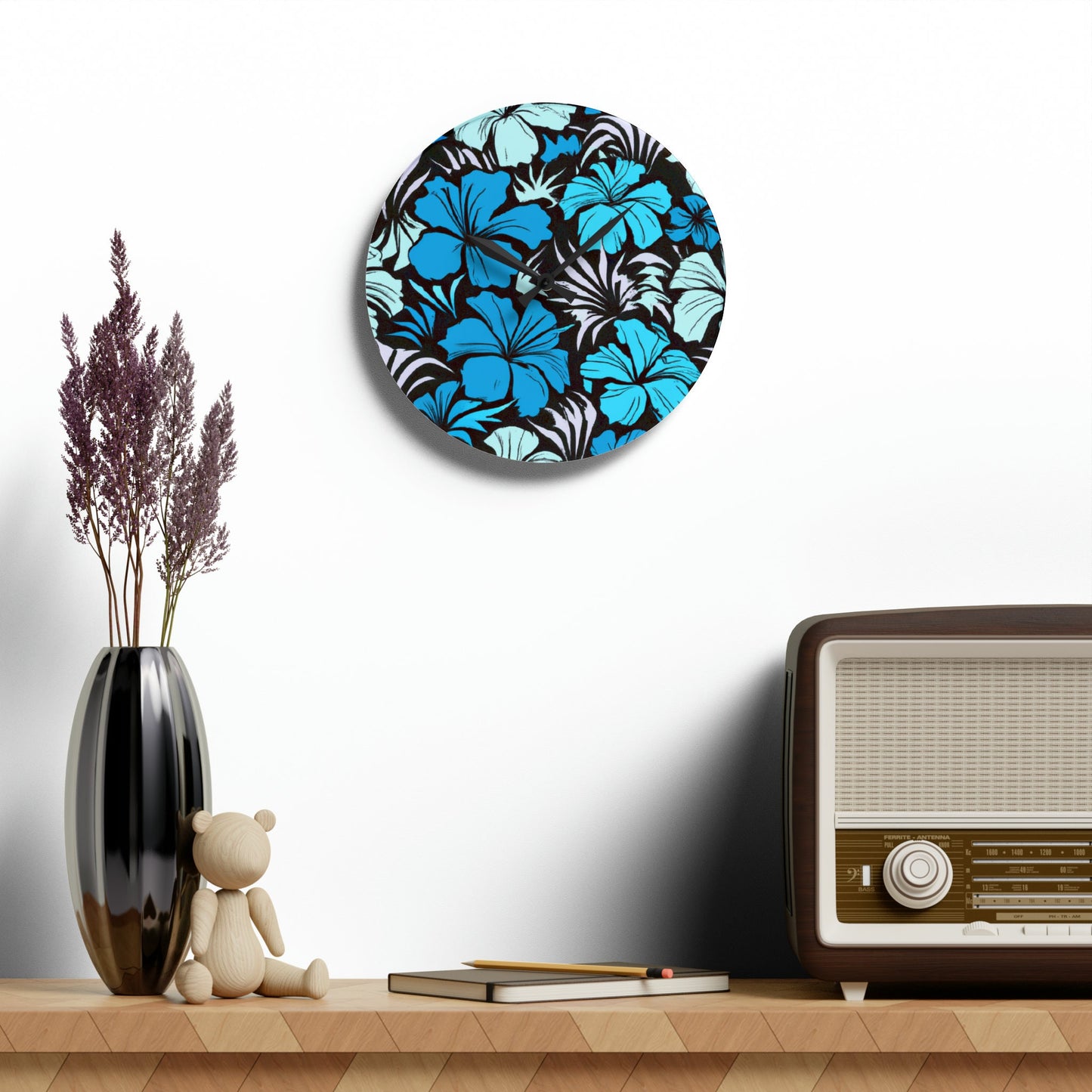 Blue Hibiscus Custom Hawaiian Print Acrylic Wall Clock, Hawaiian Wall Clock, Tropical Wall Clock, Home Decor, Hawaiian Decor