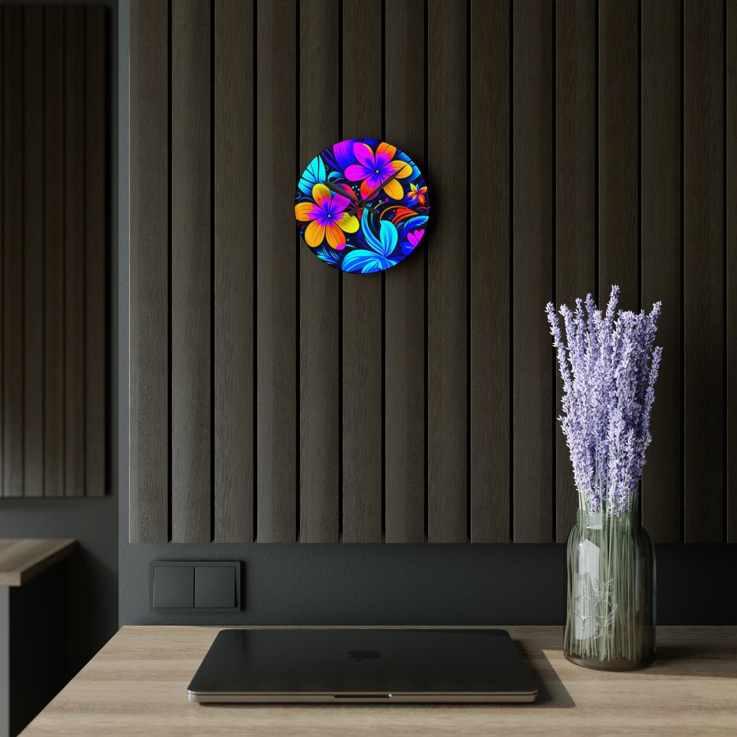 Neon Plumerias Custom Hawaiian Print Acrylic Wall Clock